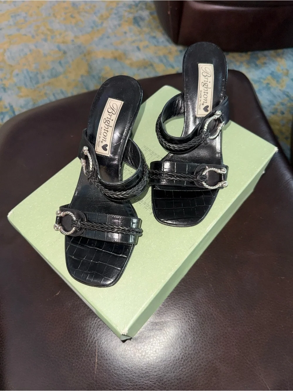 Brighton Black Braided Leather Heeled Slide Sandals with Silver Accents
